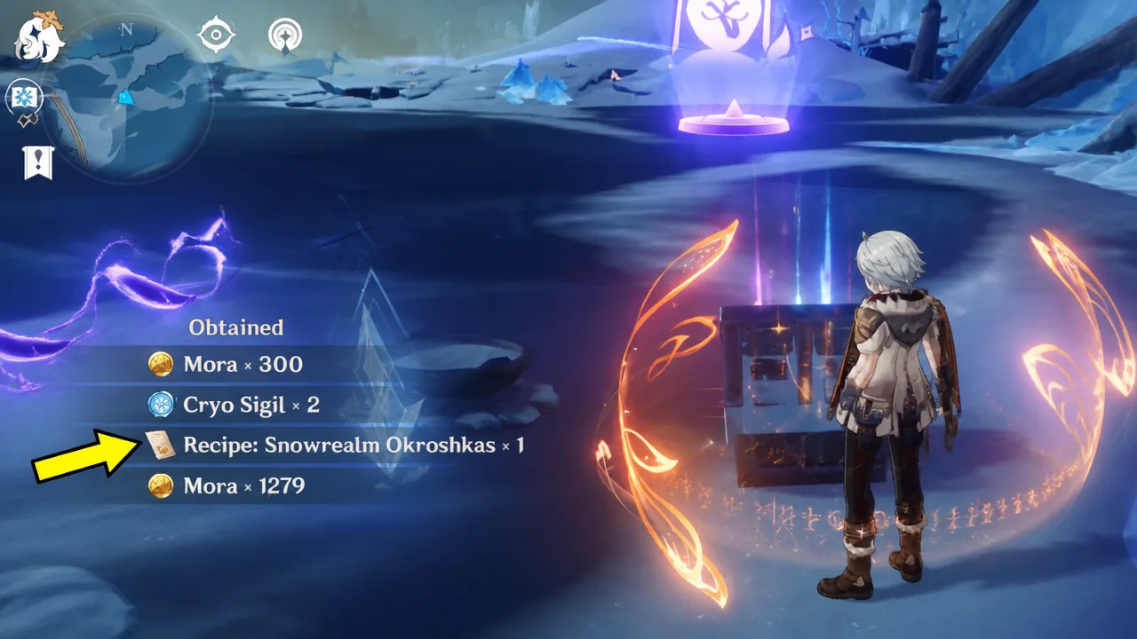 Obtained rewards screen showing Recipe: Snowrealm Okroshkas x1 after opening a chest