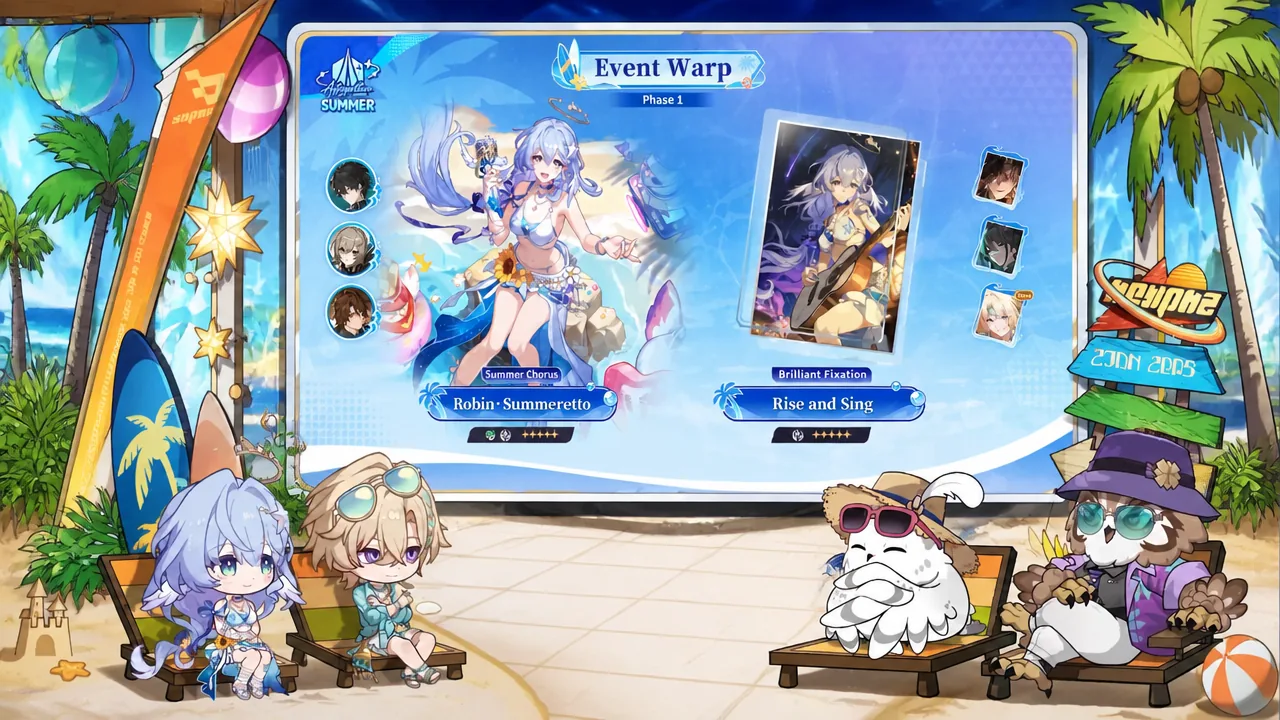 Event Warp screen showing the Phase 1 Robin Summeretto and Rise and Sing banners