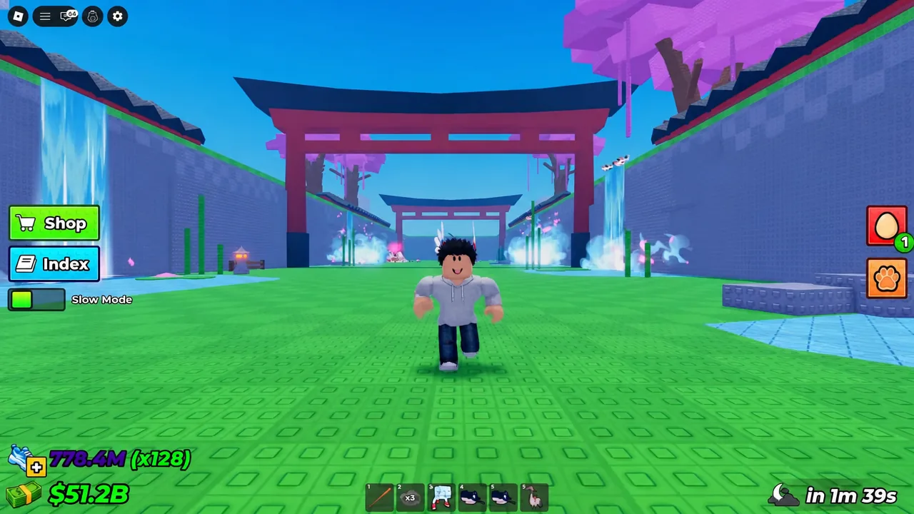 Player running through an empty courtyard in a near-deserted Steal An Egg server