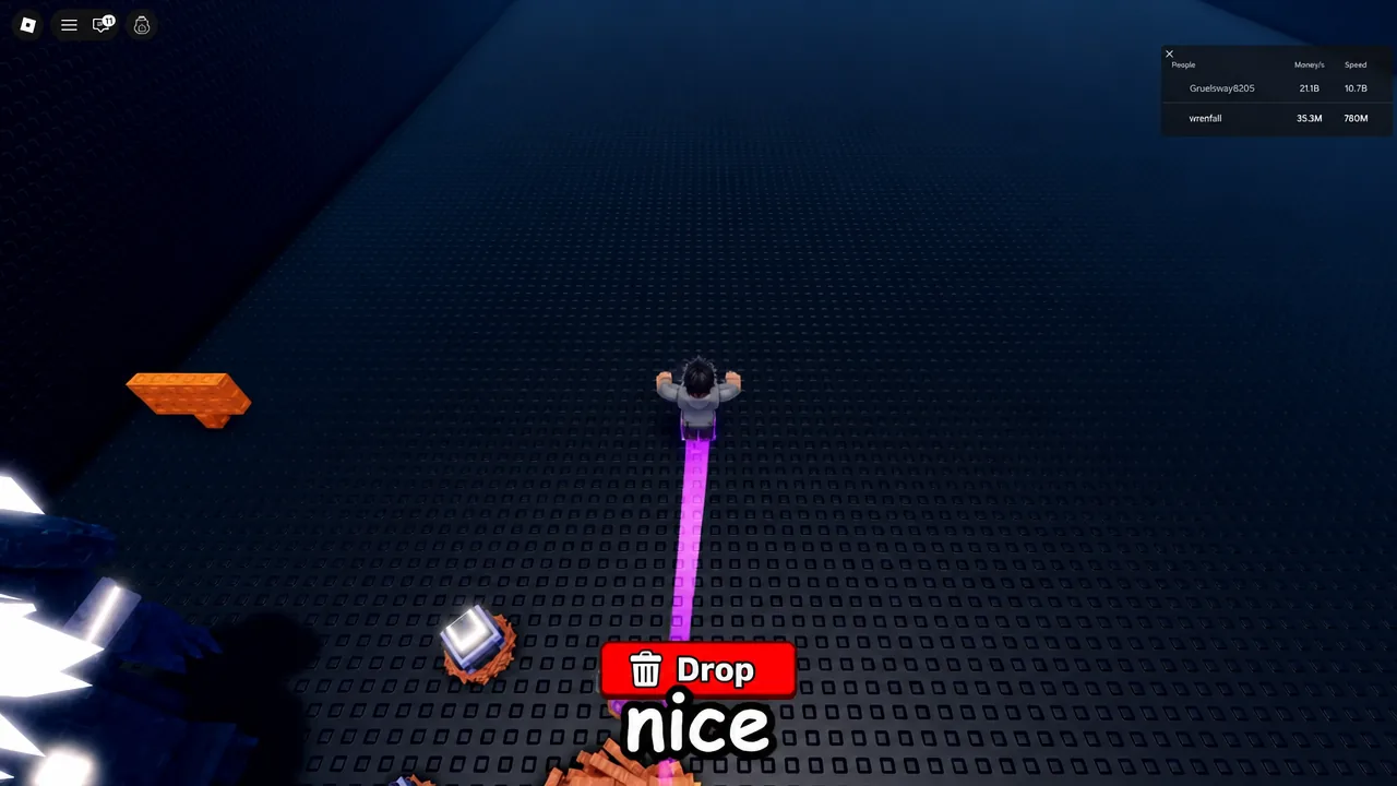 Roblox gameplay with the red Drop button highlighted as the player releases a stolen egg