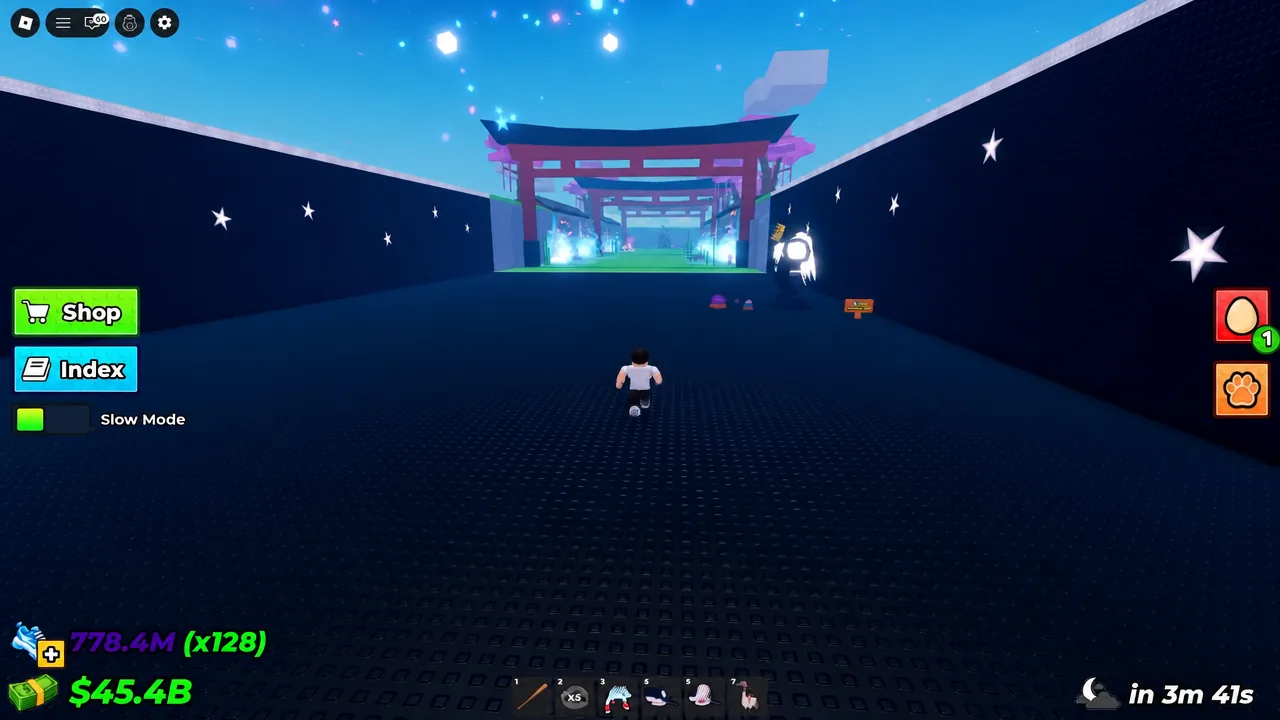 Player avatar running toward a torii gate in Steal An Egg with the Shop button on screen