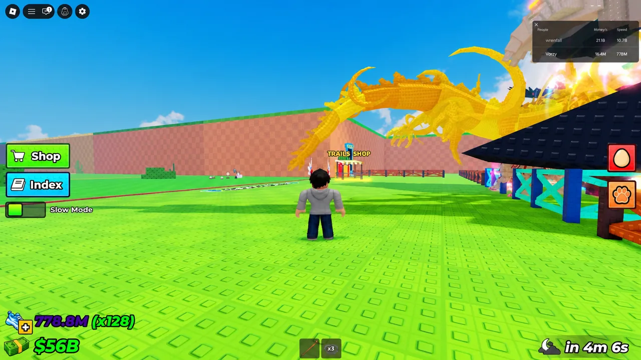 Player approaching the Trails Shop in Steal An Egg with the green Shop button highlighted
