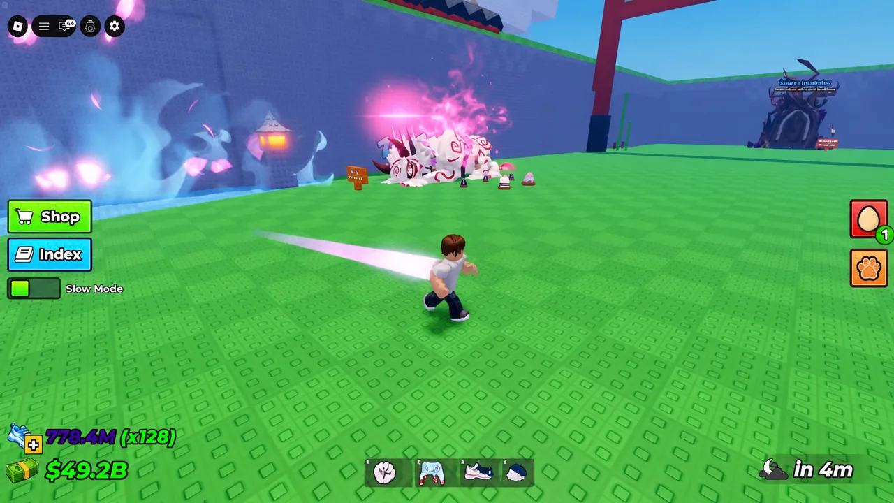Avatar standing in a back biome next to glowing pets at the start of a fresh round