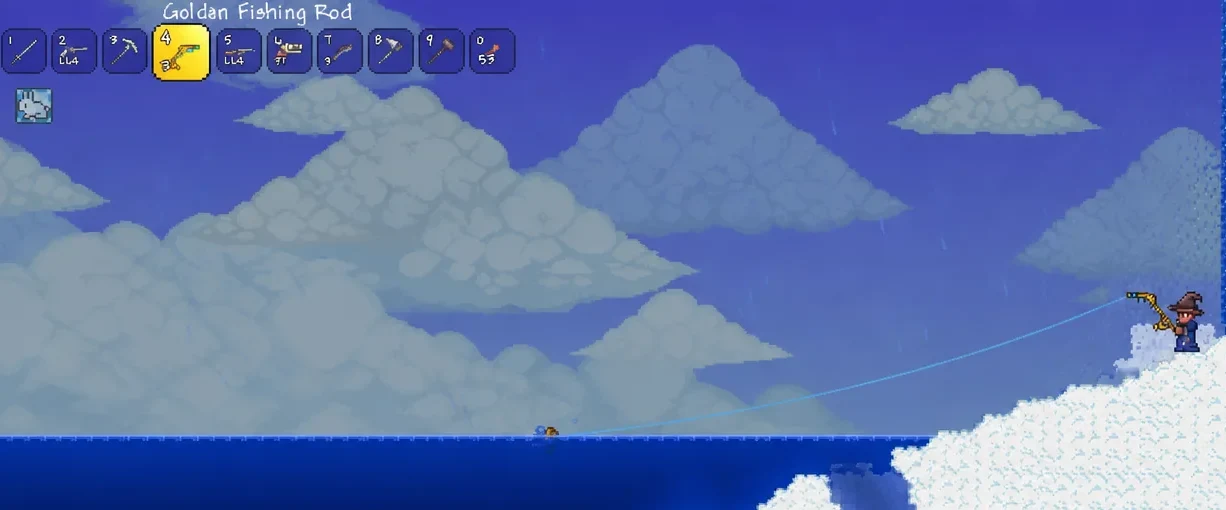 Player with the Golden Fishing Rod in hotbar slot 4 casting a line into water