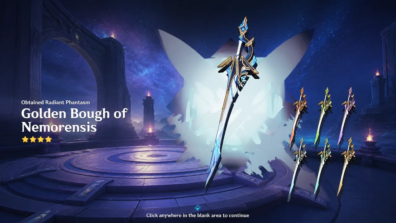 Reward screen showing the Golden Bough of Nemorensis sword skin unlocked from Stygian Onslaught