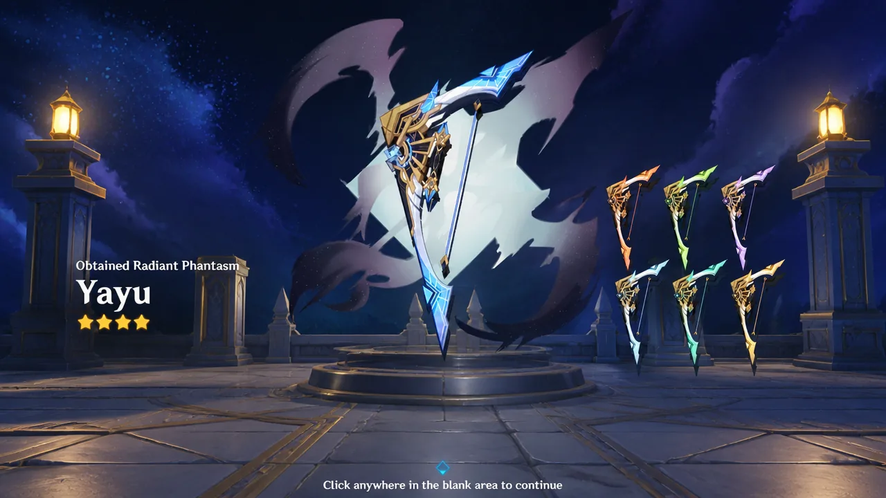 Reward screen displaying the Yayu bow skin obtained from Stygian Onslaught
