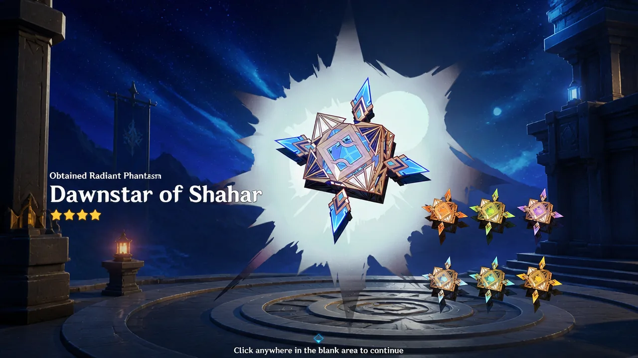 Reward screen showing the Dawnstar of Shahar catalyst skin unlocked from Dire difficulty