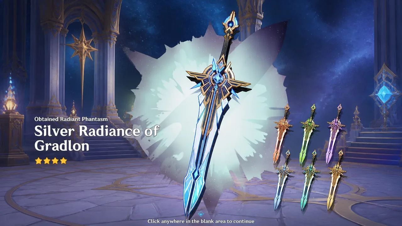 Reward screen showing the Silver Radiance of Gradlon claymore skin after a Dire clear