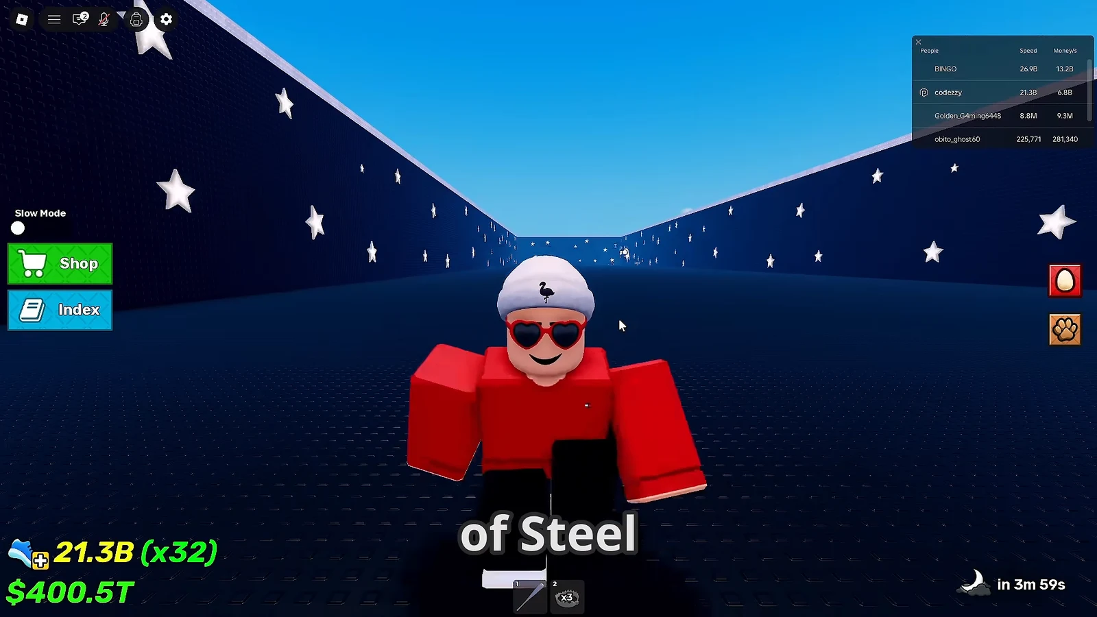Avatar equipped with the of Steel item, Shop and Index buttons visible on the interface