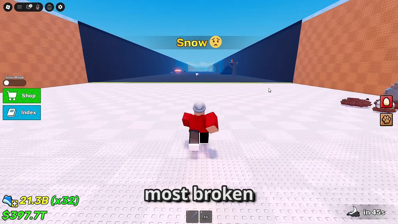 Avatar running toward the Snow course entrance with the Shop and Index HUD on screen