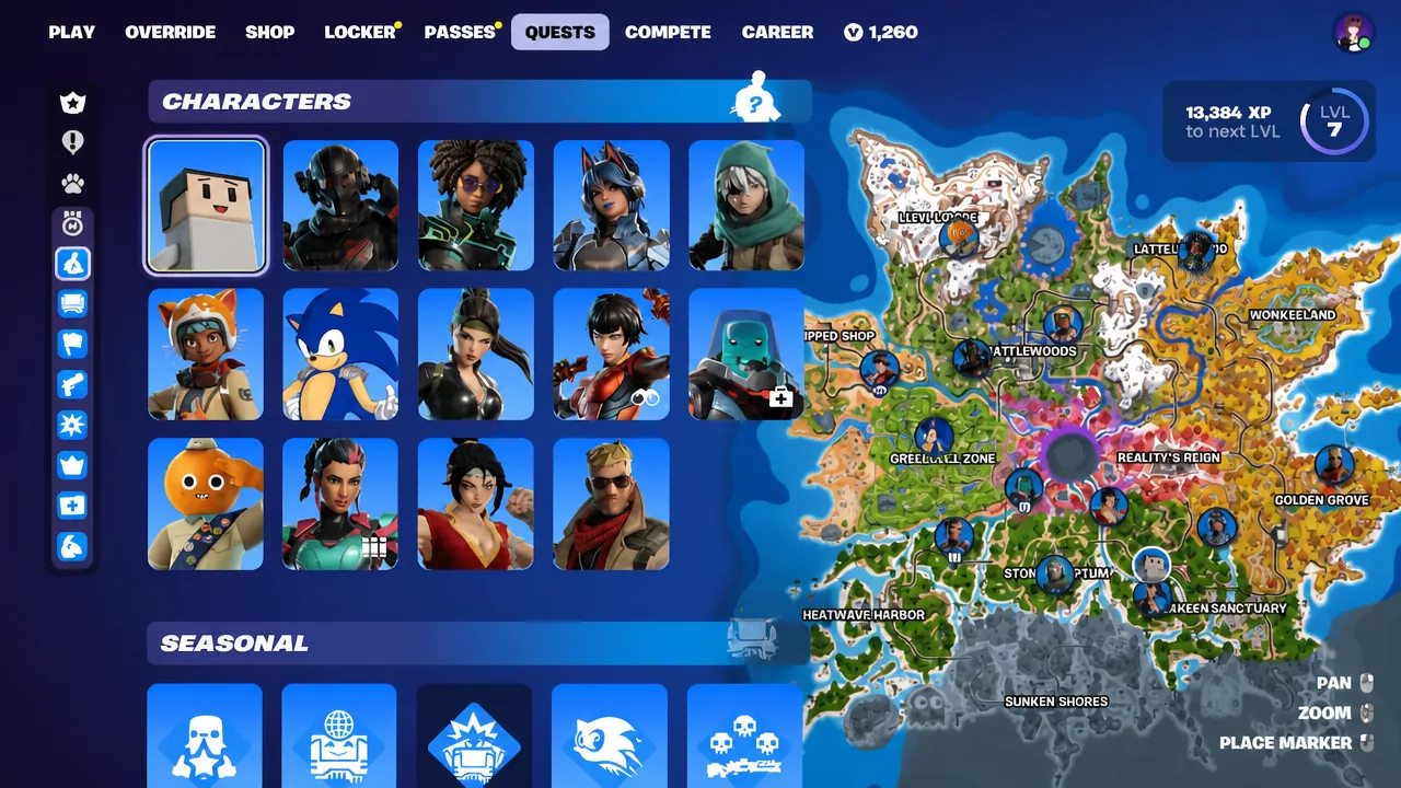 The Characters panel on the Quests screen with the first character portrait selected next to the island map.