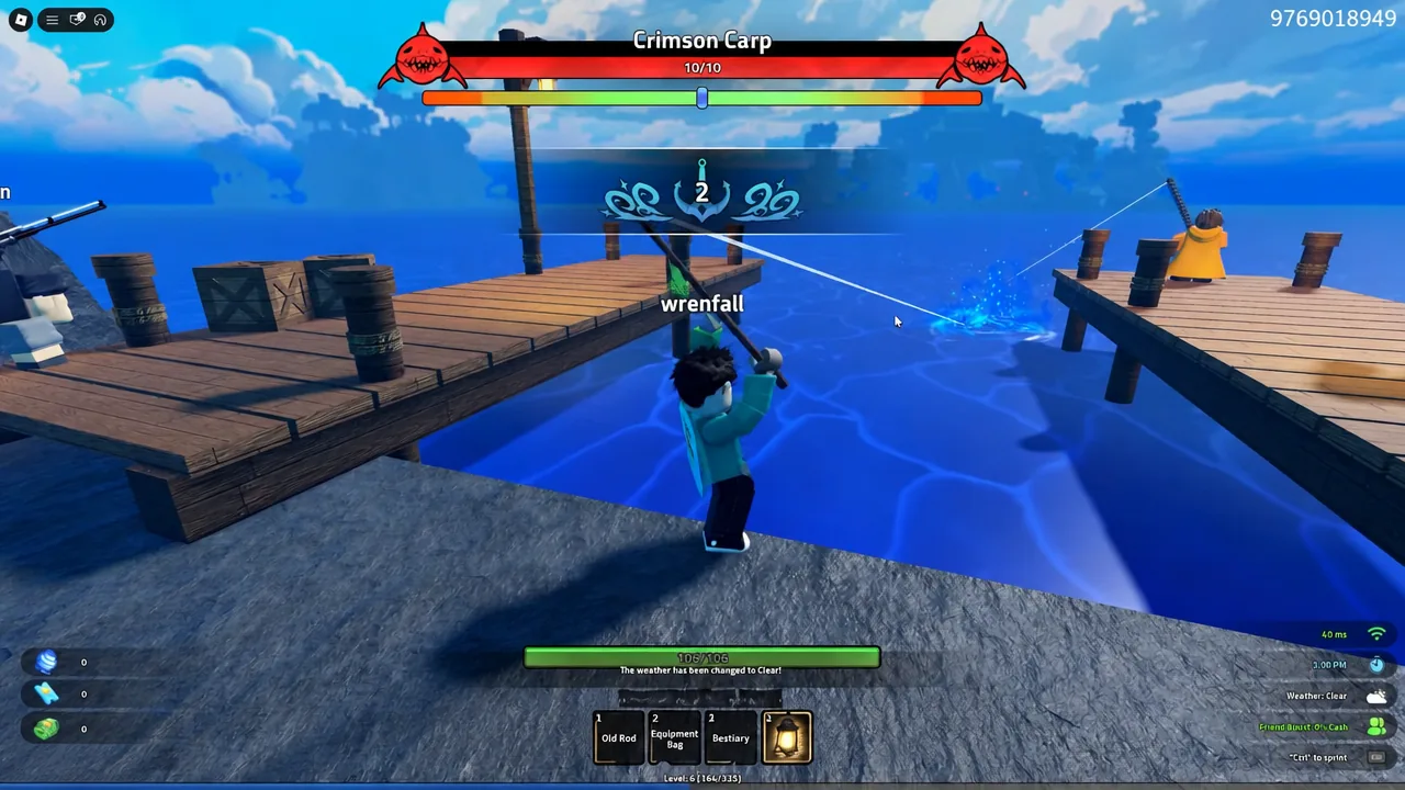 Crimson Carp encounter with a line being cast and the lantern highlighted in the hotbar