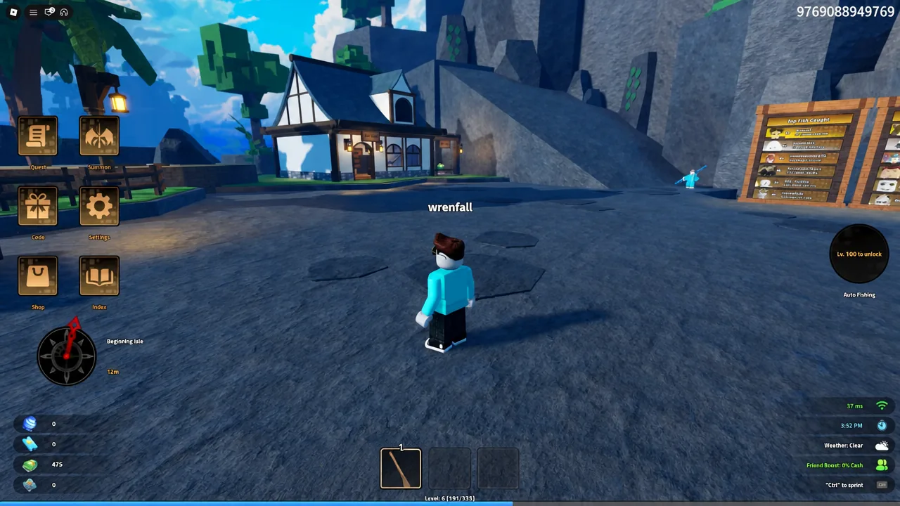 Beginning Isle gameplay with hotbar slot one selected and the fishing rod equipped