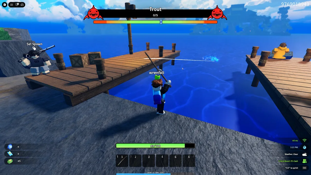 Trout fishing screen with the catch meter active as the player reels in