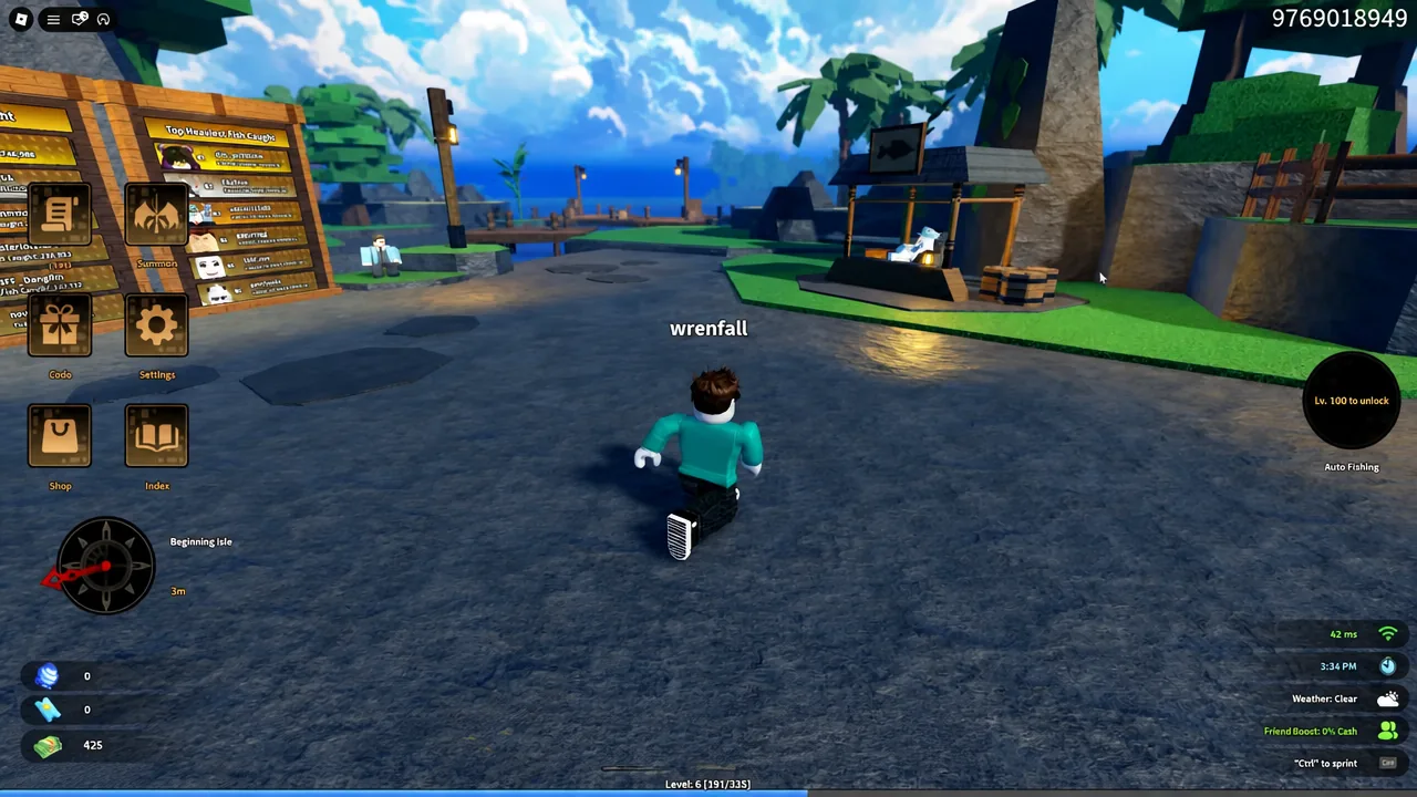 Beginning Isle with the Summon, Gacha, Shop, Index and Settings buttons down the left edge