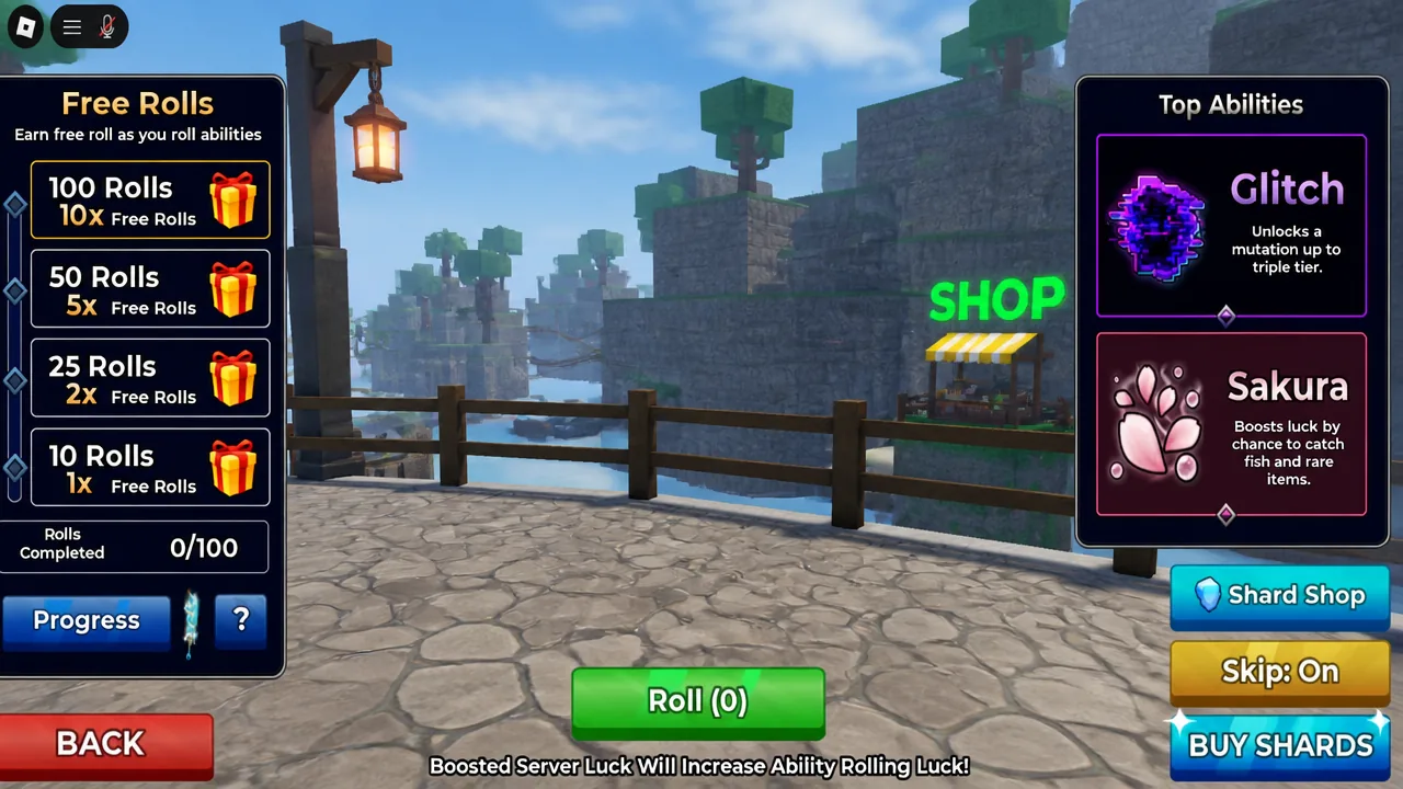 Fish It roll menu with the green Roll button, free roll bundles and a 0/100 rolls counter