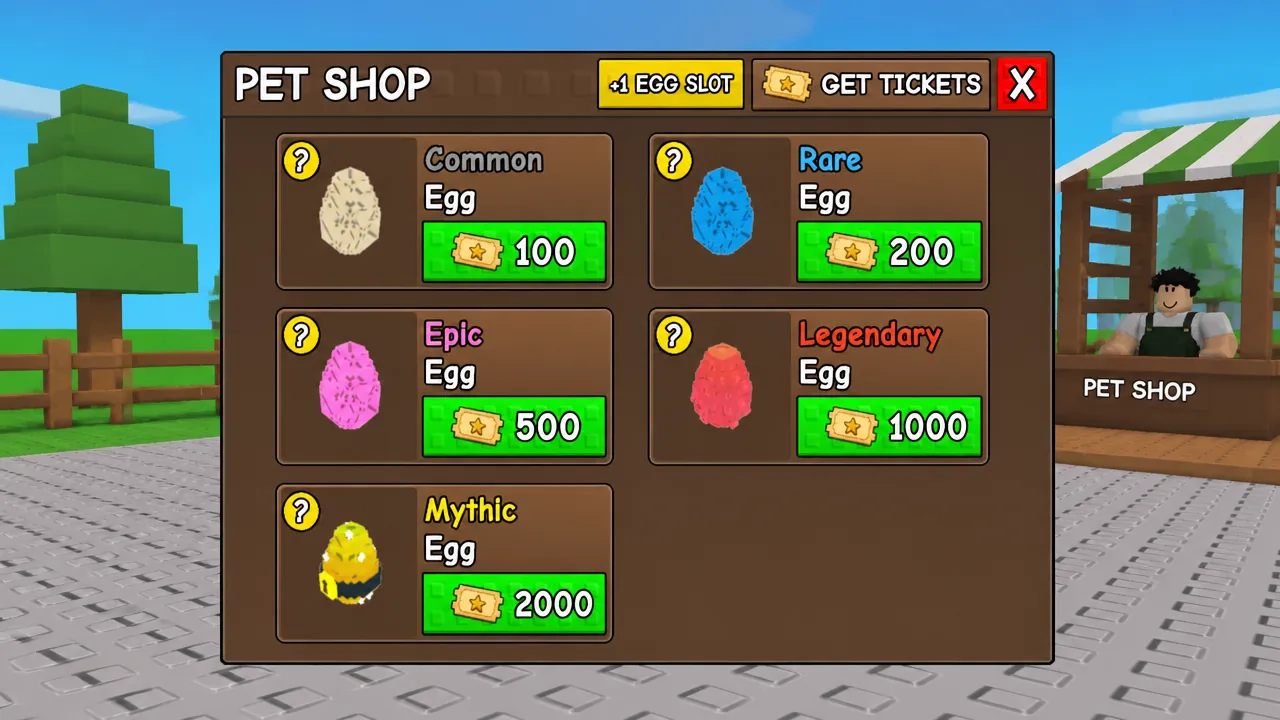 Pet Shop menu showing eggs and ticket prices