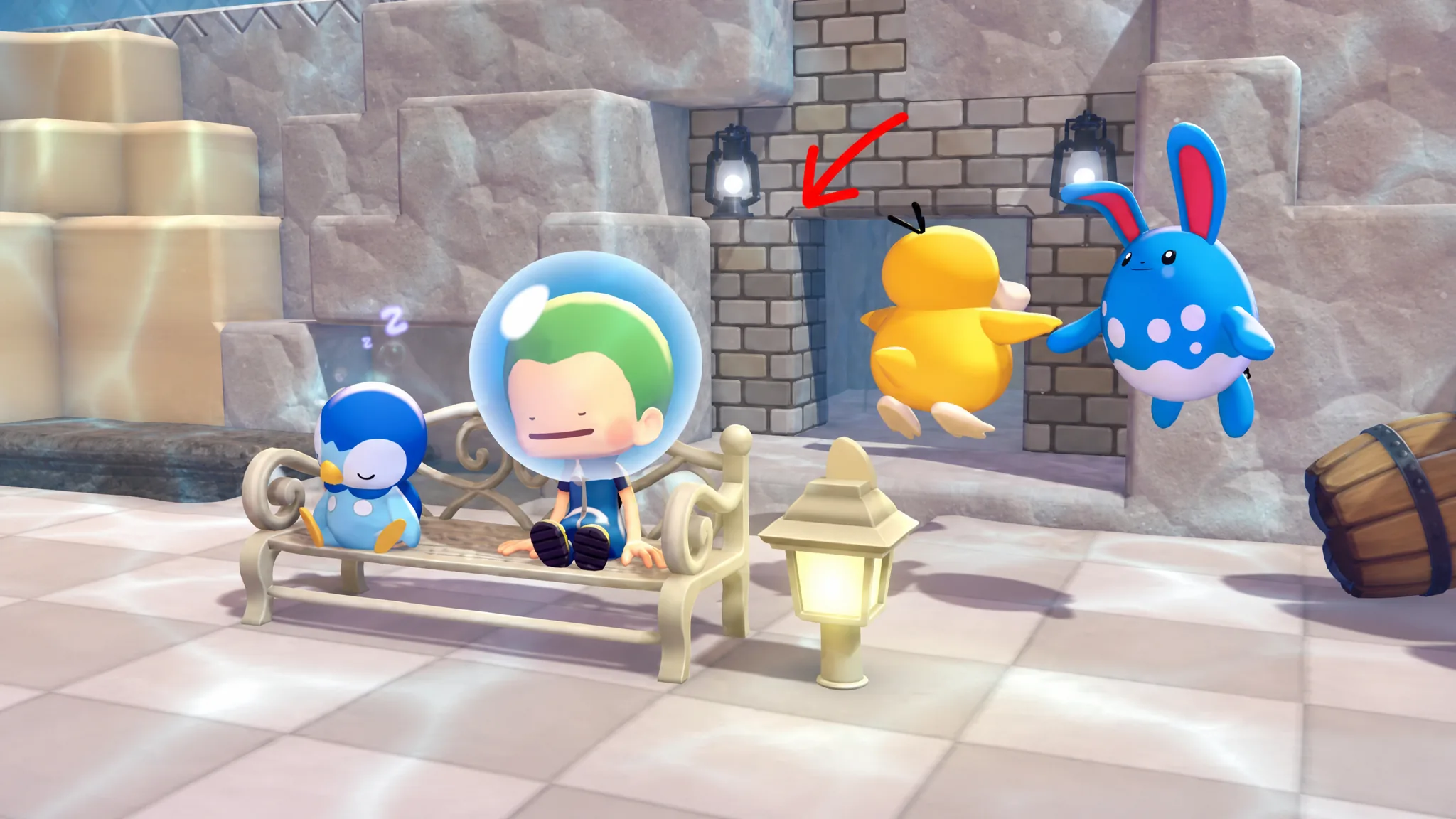 Ditto hanging out underwater with pokemon in pokopia