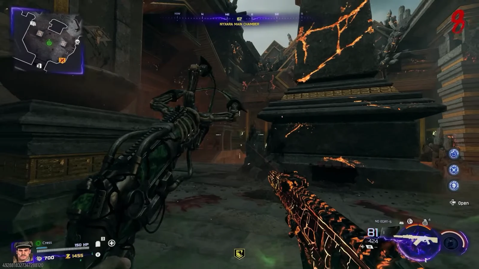 Player faces a shrine-like structure in the Nyxara Main Chamber with an Open interaction prompt