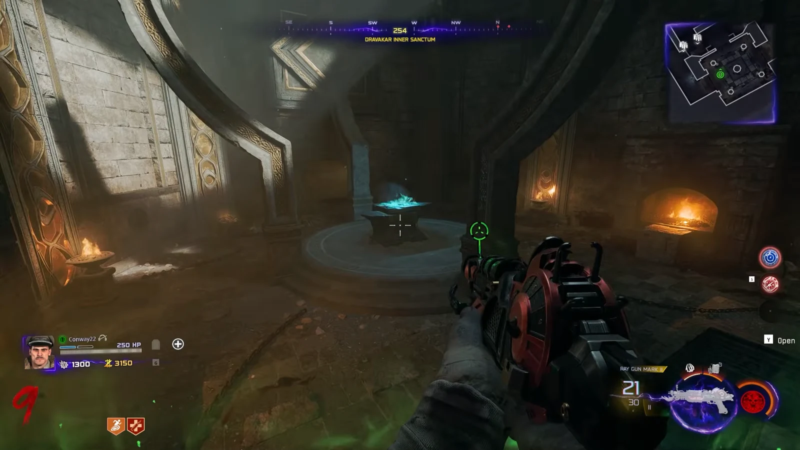 Player faces a glowing blue pedestal with a Y Open prompt inside an inner sanctum chamber