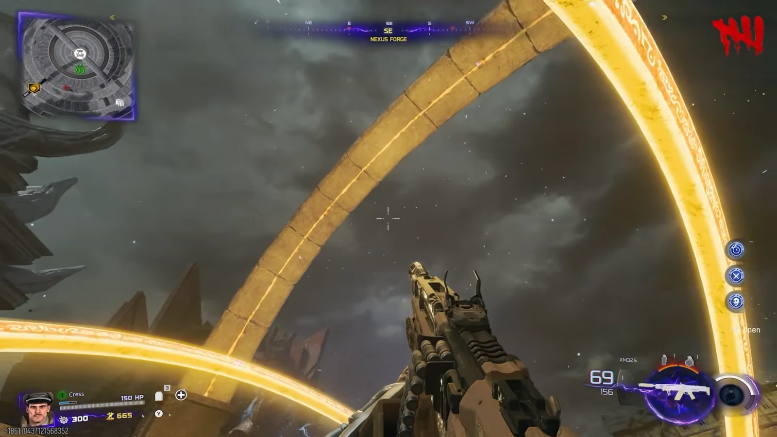 Player aims an XM325 rifle at a glowing golden ring in the Nexus Forge with an Open prompt showing