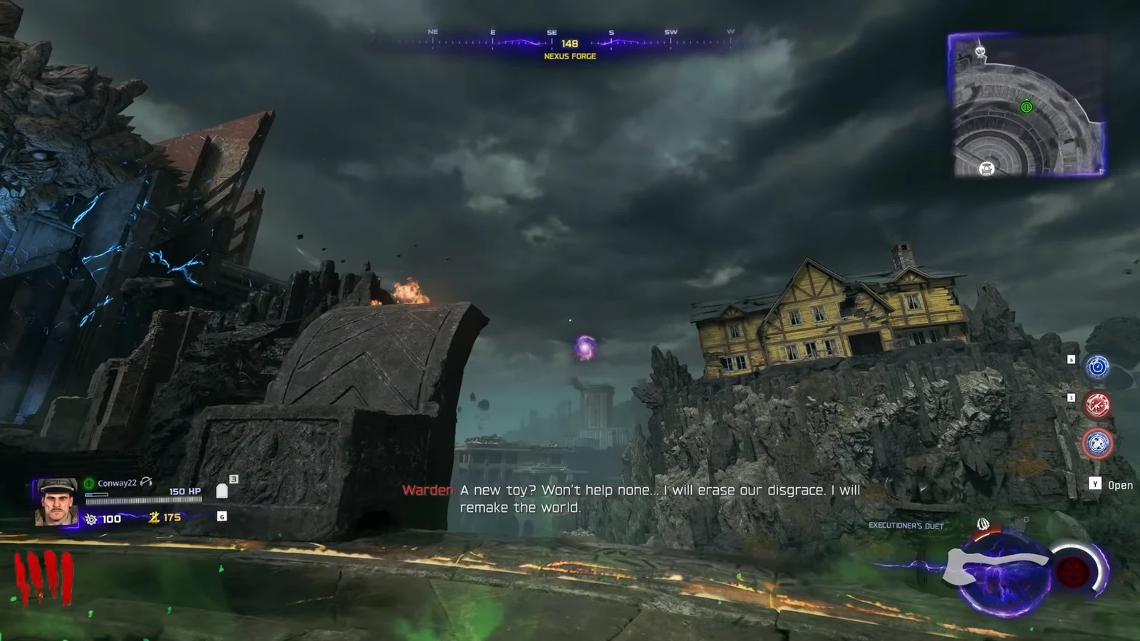 Player aims toward an interactable object near Pack-a-Punch in the Nexus Forge with a Y Open prompt