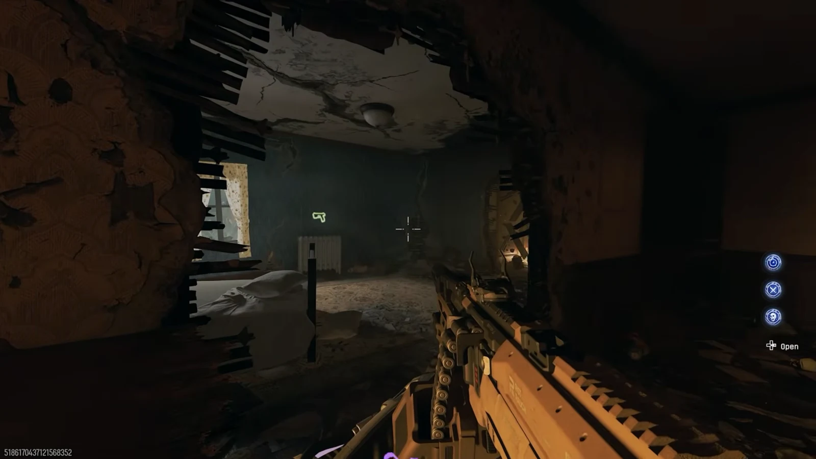 First-person view aiming through a damaged wall in Her House with an Open interaction prompt