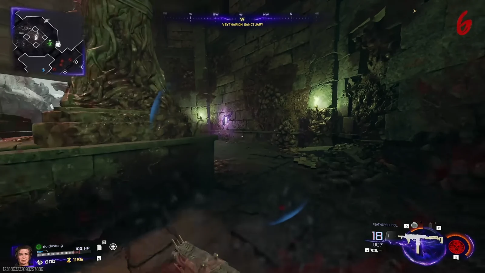 First-person view walking ruined Veytharion Sanctuary corridors with a wonder weapon raised