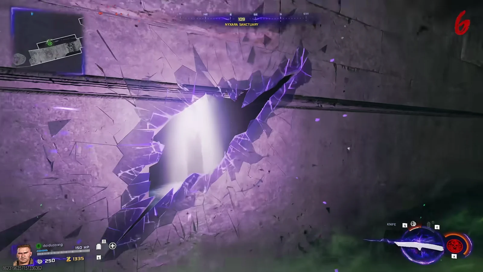 A glowing purple breach in a Nyxara Sanctuary wall with the Knife drawn