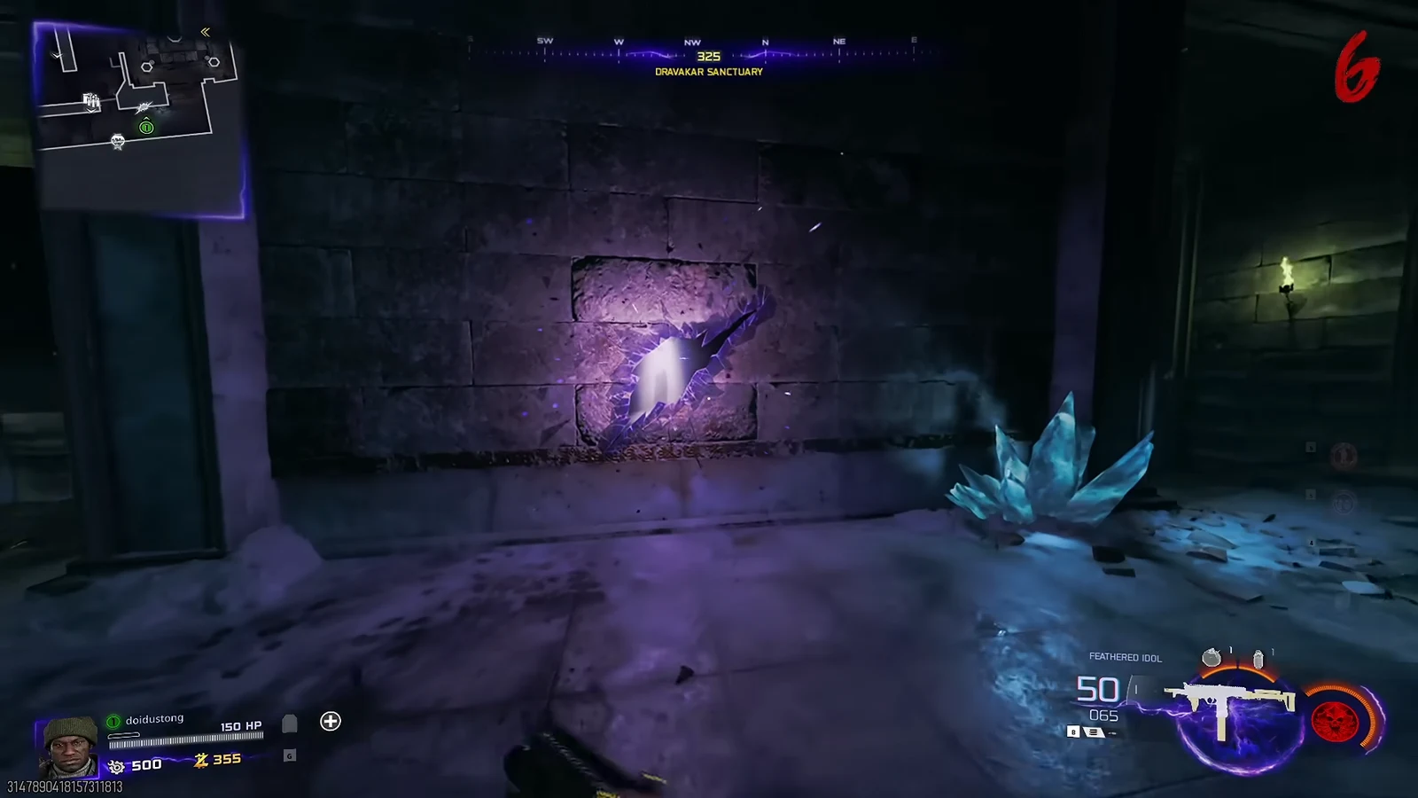 Aiming at a glowing purple crystal set into a Dravakar Sanctuary stone wall
