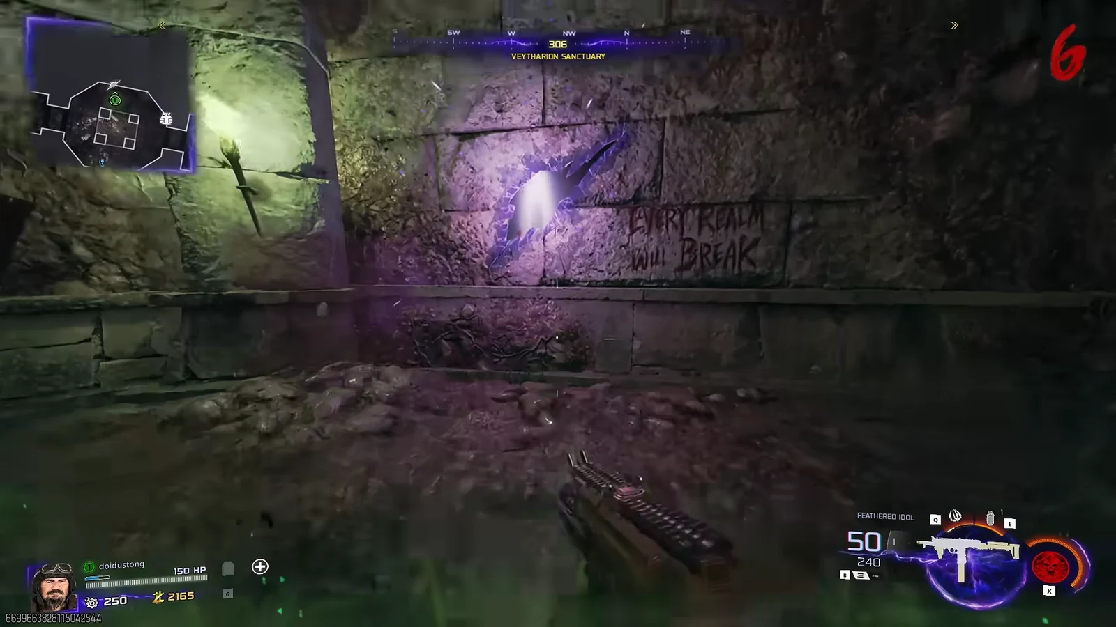 Aiming at a glowing purple breach in a cracked Veytharion Sanctuary wall
