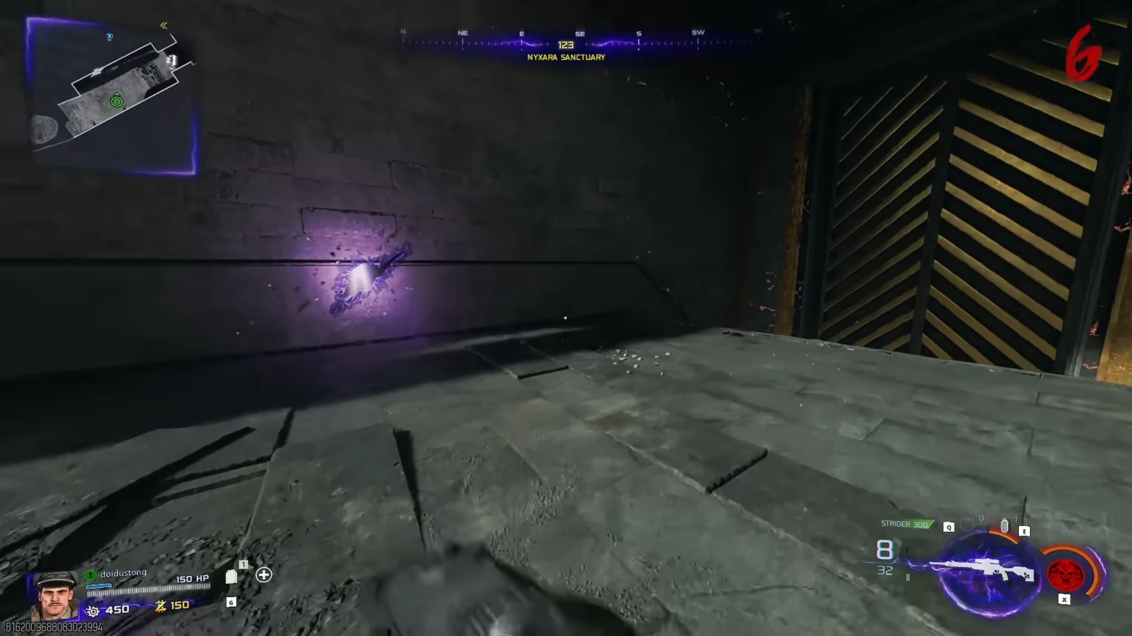 Aiming a rifle at a glowing purple wall object beside a striped gate in Nyxara Sanctuary