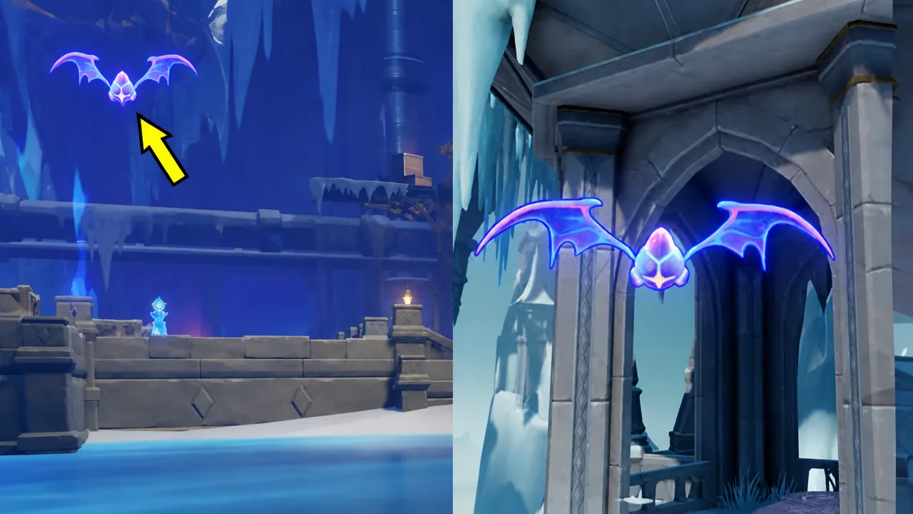 Glowing purple bat-like collectible highlighted by a yellow arrow in an icy area