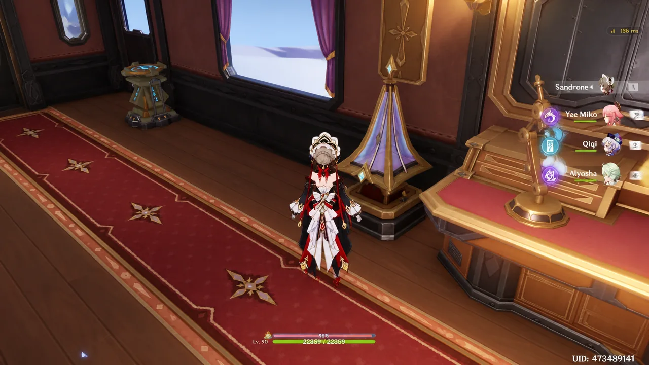 Character standing inside an ornate train cabin with the party list on the right