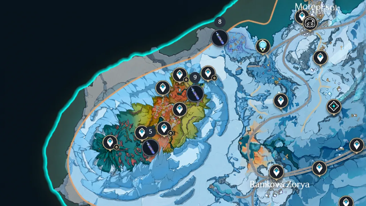 Snowy interactive map with numbered collectible markers