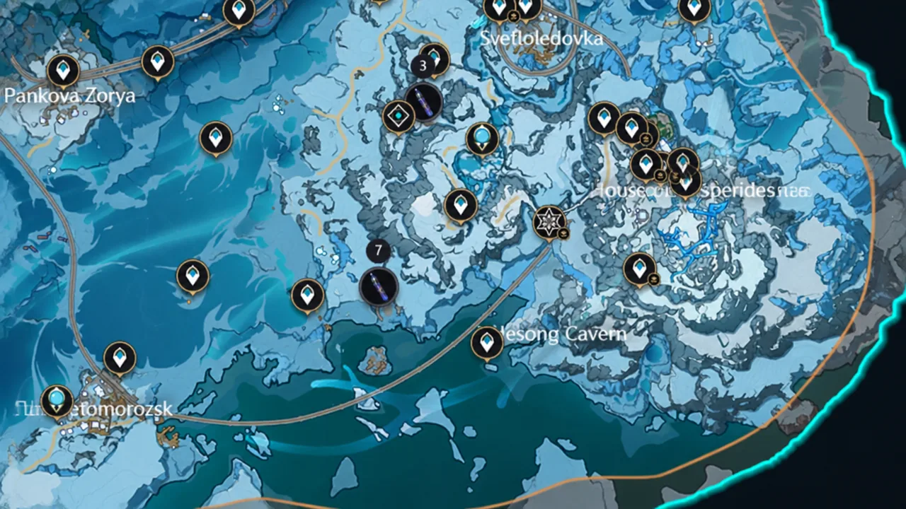 Snowy-region map with teleport waypoints and collectible counters