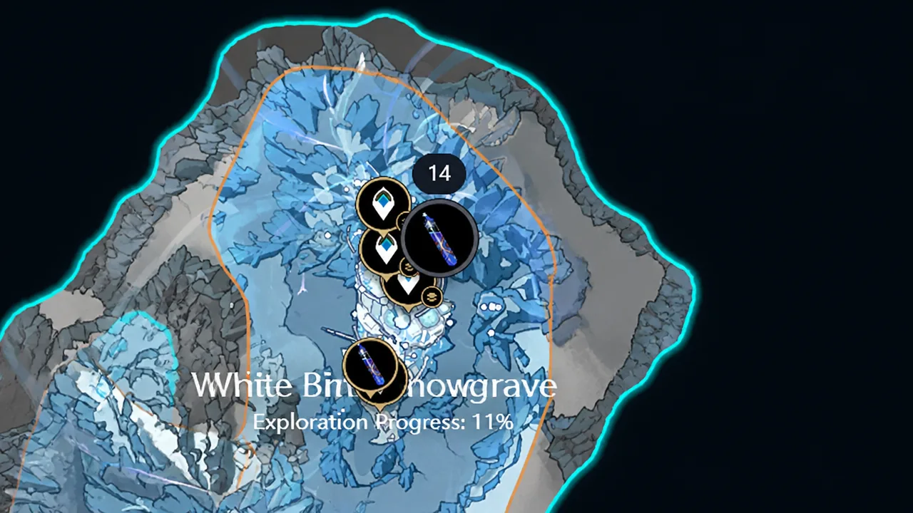 White Birch Snowgrave map showing exploration progress and a selected item marker