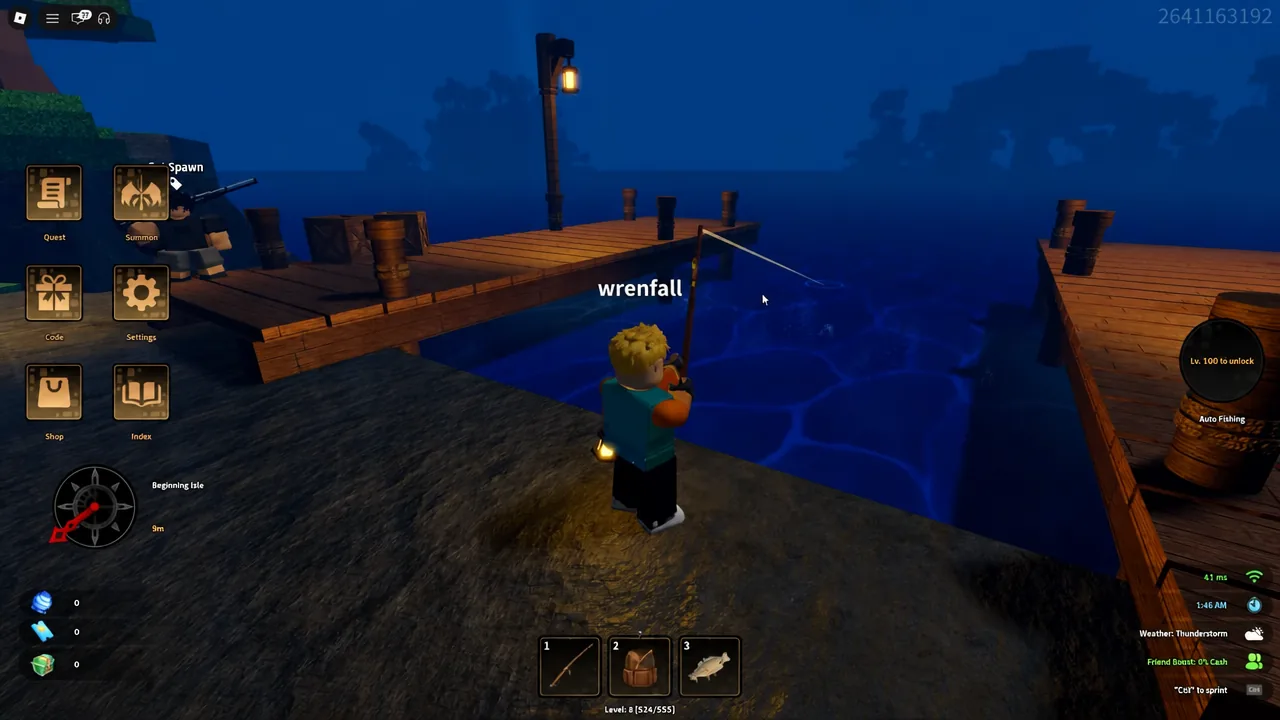 Player casting from the dock with the fishing rod equipped in hotbar slot one