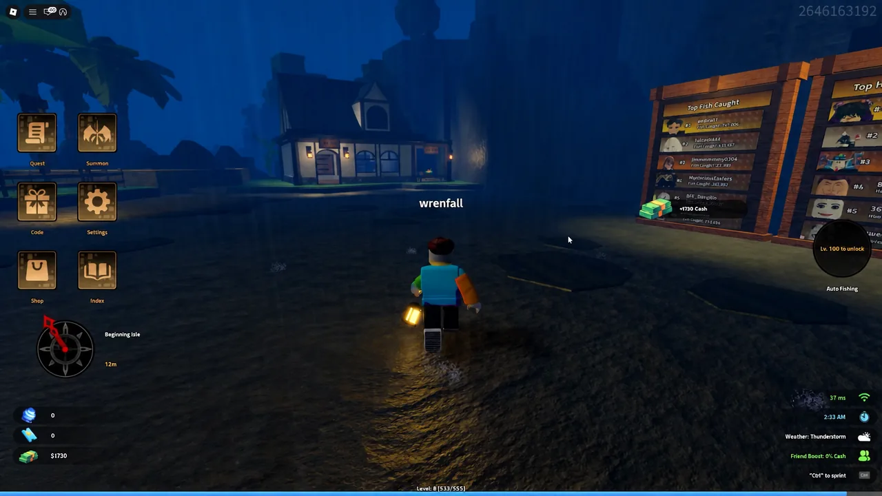 Avatar walking toward a building on Beginning Isle with the objective marker still active