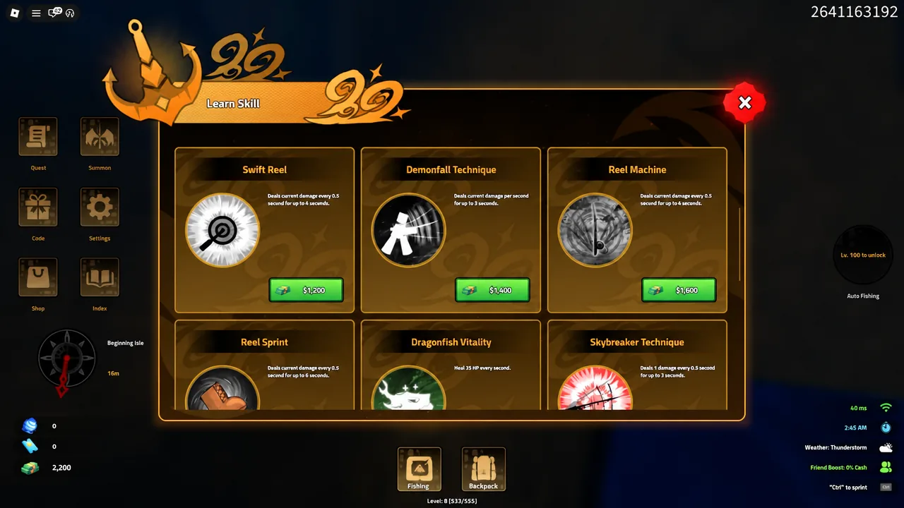 Learn Skill screen displaying the Swift Reel card among other purchasable abilities