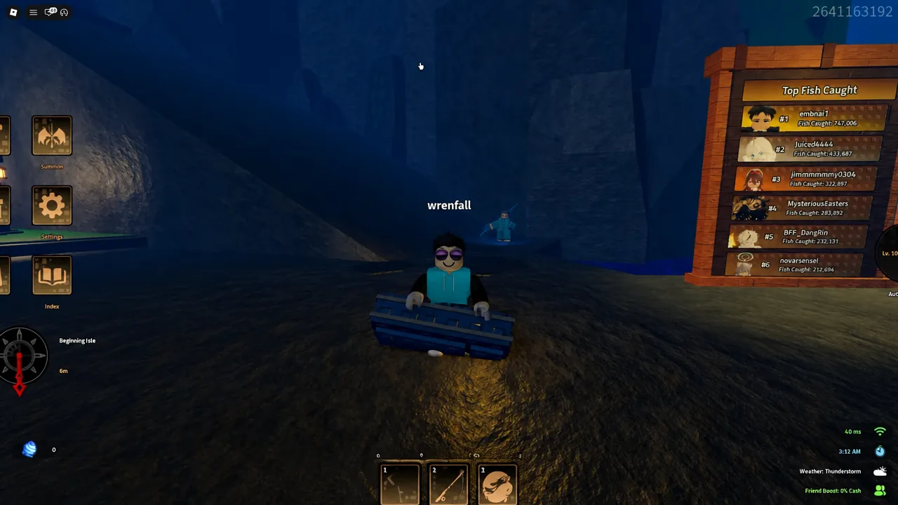 Player seated in a boat on Beginning Isle with the Top Fish Caught leaderboard on screen