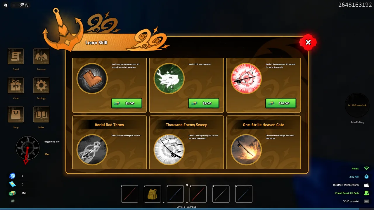Learn Skill menu showing rows of skill cards with green price buttons