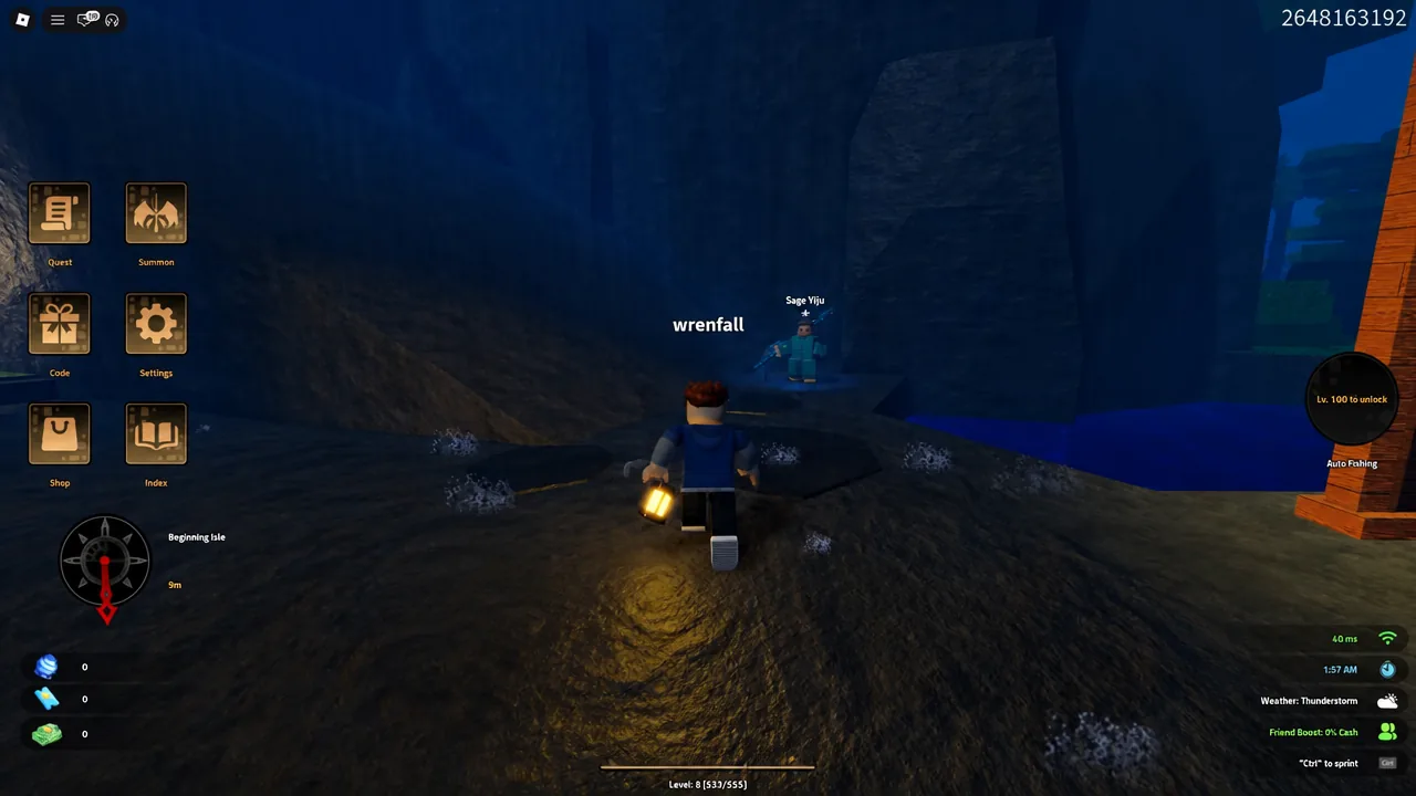 Beginning Isle HUD with the Quest, Summon, Code, Settings, Shop, and Index buttons stacked on screen
