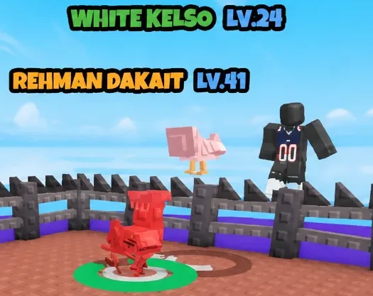 Two chicken fighters facing each other in the arena with their names and levels shown on screen