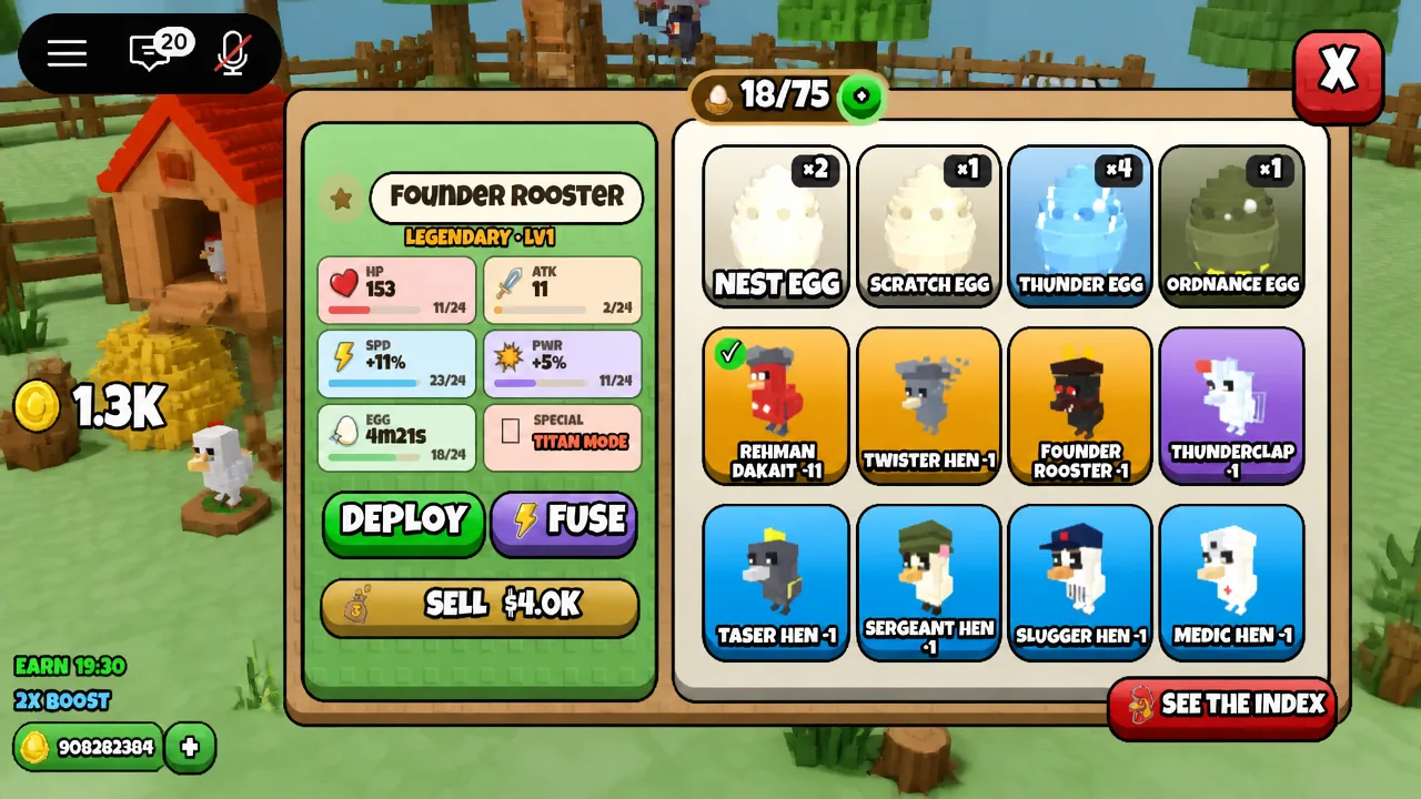 Deployment menu with a chicken marked by a green check and ready to be sent into a fight