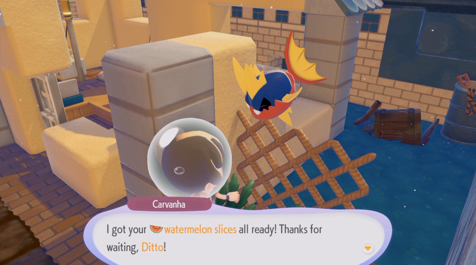 Collecting some Watermelon Slices from Carvanha in Pokémon Pokopia