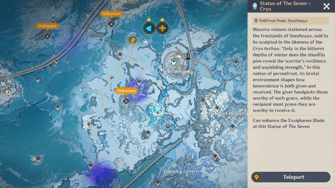 Statue of The Seven Cryo panel open at Fellfrost Peak