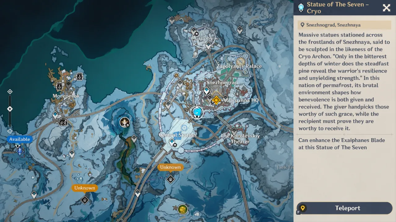 Snezhnaya map with the Cryo Statue of The Seven selected