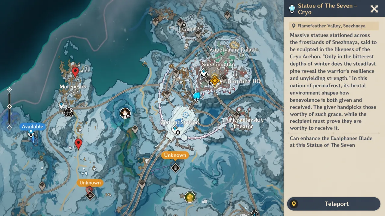 Statue of The Seven Cryo panel open for Flamefeather Valley