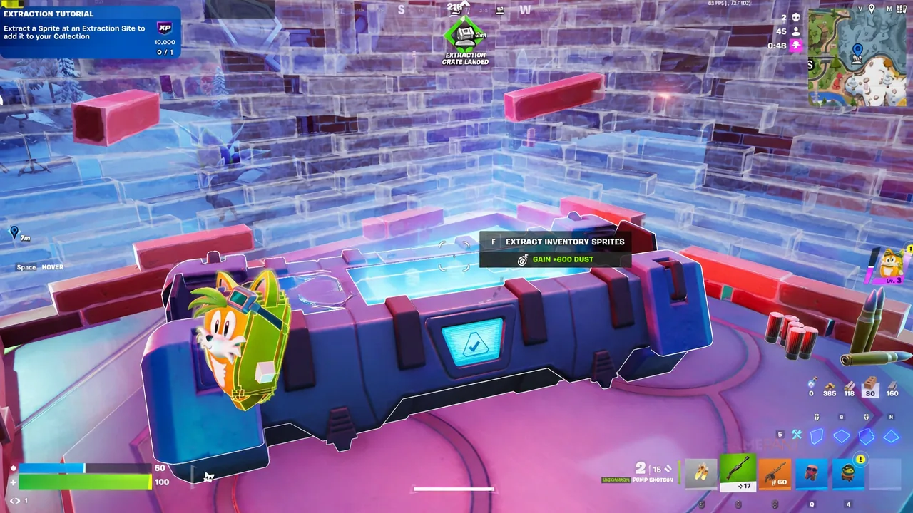 Extract Inventory Sprites prompt showing on a landed extraction crate